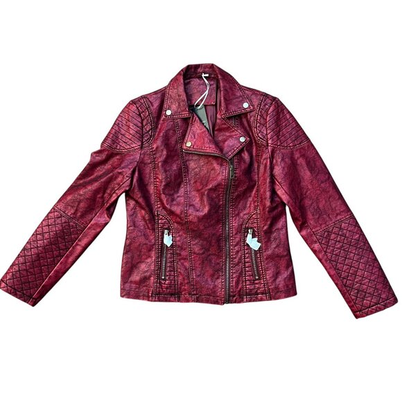 NEW Giolshon Retro Style Red Faux Leather Moto Jacket - Size Large - Picture 1 of 16